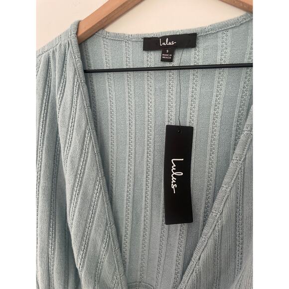 Lulus Vibe Check Ribbed Blue Wrap Crop Top Size Small Balloon Sleeve - Picture 8 of 9